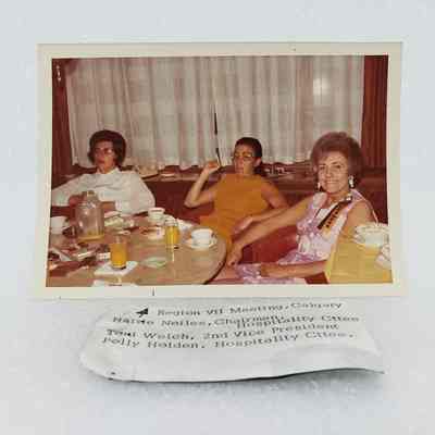 [Photo] Hattie Noiles, Toni Welch and Polly Holden, Region VII Meeting Calgary, Association of Desk and Derrick Clubs, Landscape, White Border, c.1972