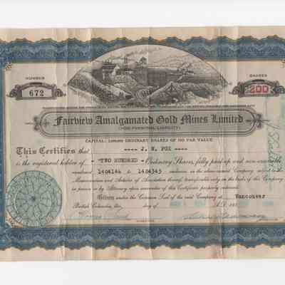 [Share Certificate] Fairview Amalgamated Gold Mines Limited, 200 Shares, 9 March, 1934