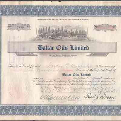 [Share Certificate] Baltac Oils Limited, 100 Shares, 17 July, 1929