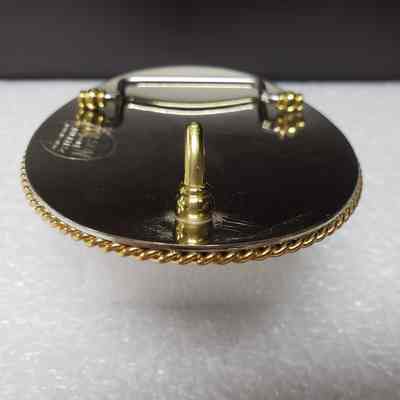 [Belt Buckle] Aspenleaf Energy Ltd., Silver Gold Blue - Side, Hook: Angled view from side with close-up of hook.