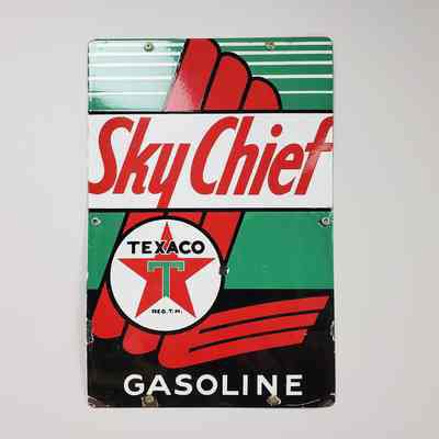[Sign] Sky Chief, Texaco Gasoline, Enamel Metal, Red Green White Black