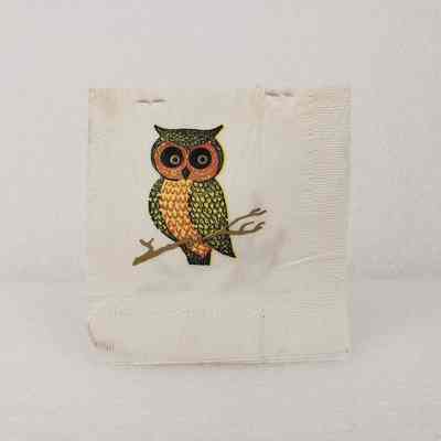 [Napkin] Owl and Branch, Paper Napkin, White Yellow Orange Black, c.1972