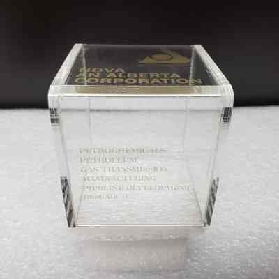 [Puzzle Cube] NOVA Corporation, Wood - Acrylic Cover: Angled view of acrylic cover, front.