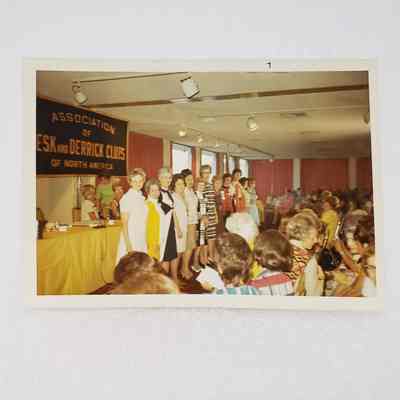 [Photograph] Line of Women Facing the Camera in Front of a Yellow Covered Table, Association of Desk and Derrick Clubs of North America, c.1971