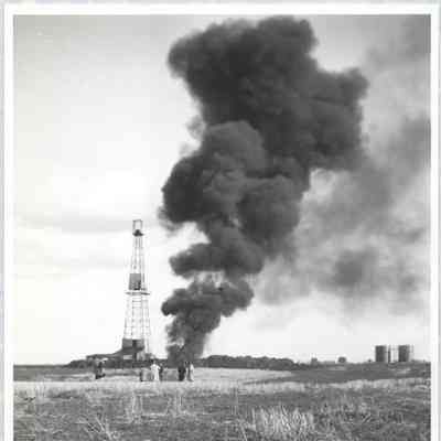 [Photo] Burning Flare Pit and Derrick, Medium, BW, c.1940s-1950s