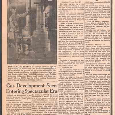 Page 4, Top-Half, "Alberta Oil Story Is Colorful Saga [Cont...]" and "Gas Development Seen Entering Spectacular Era"