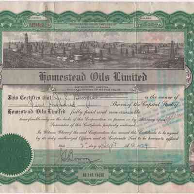 [Share Certificate] Homestead Oils Limited, 500 Shares, 27 September, 1929