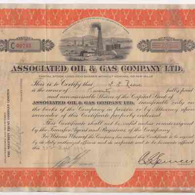 [Share Certificate] Associated Oil & Gas Company Ltd., 20 Shares, 23 September, 1929