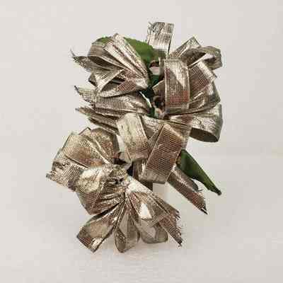 [Corsage] Ribbon with Fabric Leaves, Champagne Silver Green, c.1972