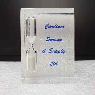 [Desk Ornament] Cardium Service & Supply Ltd., Acrylic Blue - Front, Close-Up: Close-up view of front.