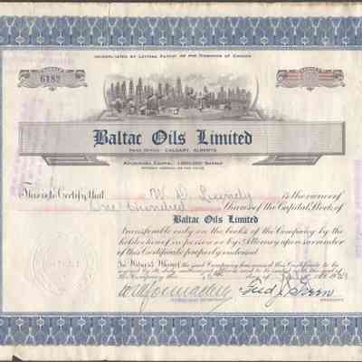 [Share Certificate] Baltac Oils Limited, 100 Shares, 15 July, 1929