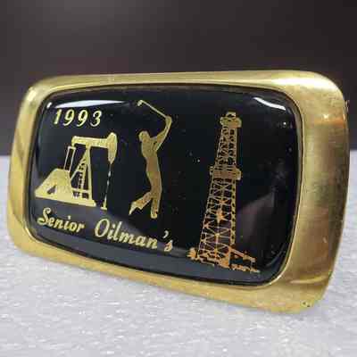 [Belt Buckle] Senior Oilman's, 1993, Brass Gold Black - Front, Angled: Angled view of front