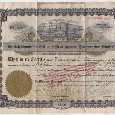 [Share Certificate] British Dominion Oil and Development Corporation Limited, 15 Shares, 15 April, 1929