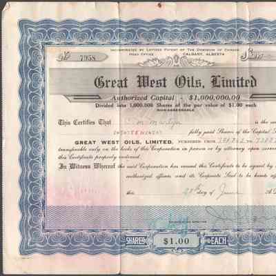 [Share Certificate] Great West Oils Limited, 10 Shares, 28 June, 1926