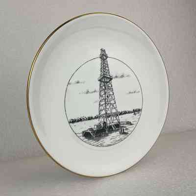 [Commemorative Plate] Leduc #1 Oilwell Site, Pen Ink Sketch, Black, Ceramic, White Gold, 1997