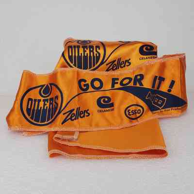 [Banner] "Go For It!" Oilers, Esso, Zellers, Celanese, 1982/83 Stanley Cup, Set of 2, Fabric Orange Blue