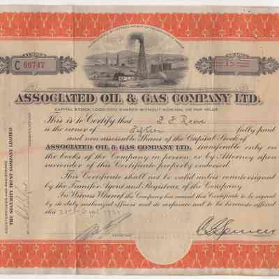 [Share Certificate] Associated Oil & Gas Company Ltd., 15 Shares, 23 September, 1929