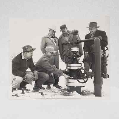 [Photo] Five Men Around Christmas Tree Wellhead, Leduc #1 10th Anniversary, Large, BW, 13 February, 1957