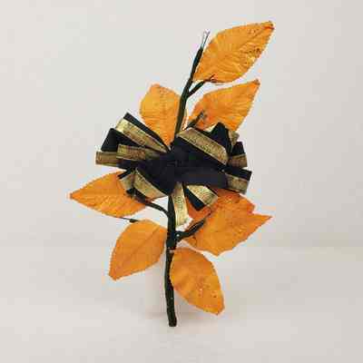 [Corsage] Ribbon with Plastic Leaves and Glitter, Black Gold Orange, c.1972