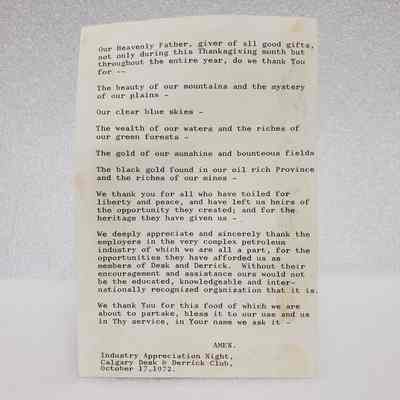 [Document] Prayer, Industry Appreciation Night, Calgary Desk and Derrick Club, 17 October, 1972