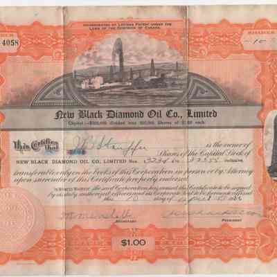 [Share Certificate] New Black Diamond Oil Co Limited, 10 Shares, 10 April, 1926