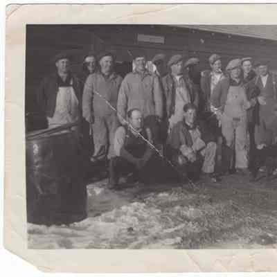 [Photo] Builders of First House in Devon w/ Black Dog, Devon Alberta, BW, 1947