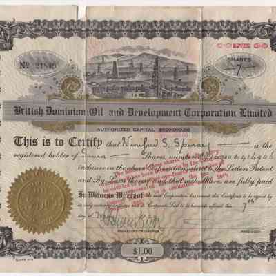 [Share Certificate] British Dominion Oil and Development Corporation Limited, 7 Shares, 7 May, 1929