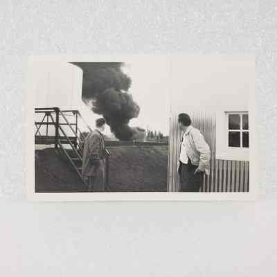 [Photo] Two Men Looking Back at Smoke Plume, BW, Small, c.1950s