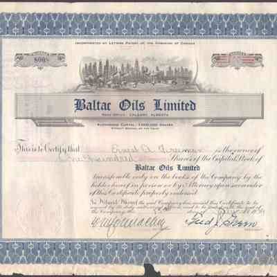 [Share Certificate] Baltac Oils Limited, 100 Shares, 15 July, 1929