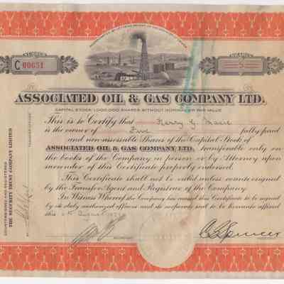 [Share Certificate] Associated Oil & Gas Company Ltd., 5 Shares, 6 August, 1929