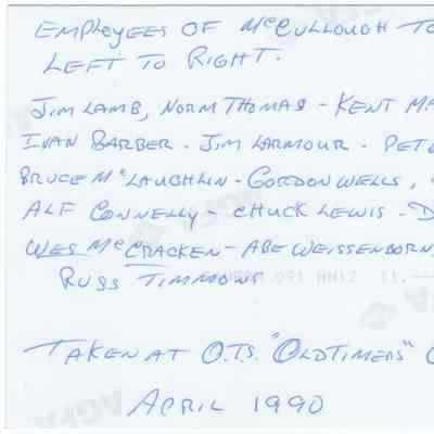 [ Photograph] Employees of McCullough Tool Co., Set of 2, April 1990 - Scan Copy #1, Back: Scan of reverse of Copy #1
