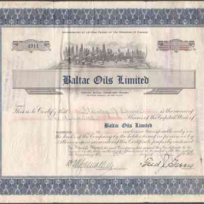 [Share Certificate] Baltac Oils Limited, 100 Shares, 15 July, 1929