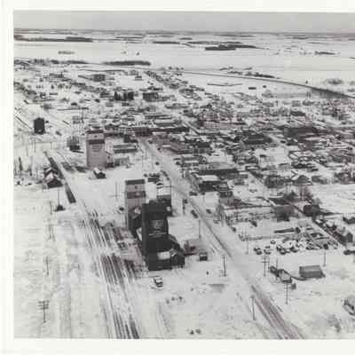 [Photo] Aerial View of Leduc, Grain Elevators, Large, BW, 1957