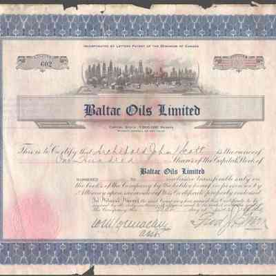 [Share Certificate] Baltac Oils Limited, 100 Shares, 21 June, 1929