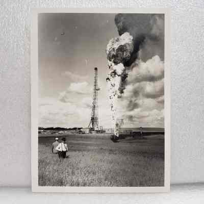 [Photo] Oil Flare w/ Two Men in Field, Large, BW