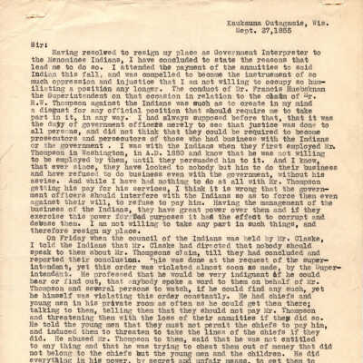 Correspondence containing Chas A. Grignon's resignation -- Sep 1855