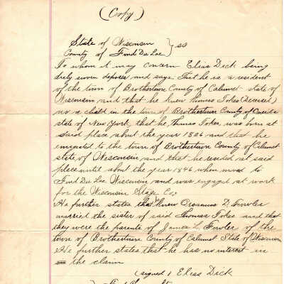 Elias Dick Affidavit for the Estate of Thomas Tokes