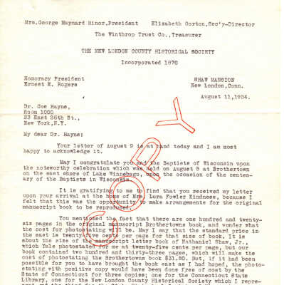 Correspondence from the New London County Historical Society to Dr. Coe Hayne