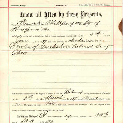 Franklin Phillips Satisfaction of Mortgage and Envelope