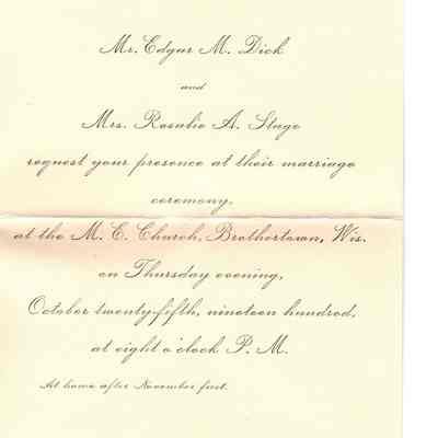 Invitation to Edgar M. Dick and Rosalie A. Stage's Wedding