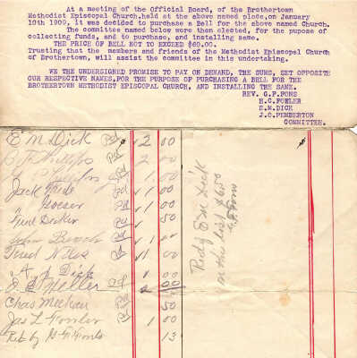 Brothertown Methodist Episcopal Church Bell Promissory note