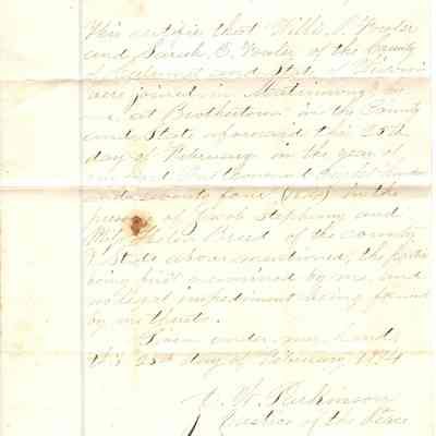 Willis P. Fowler and Sarah E. Fowler Marriage Certificate -- Feb 1874