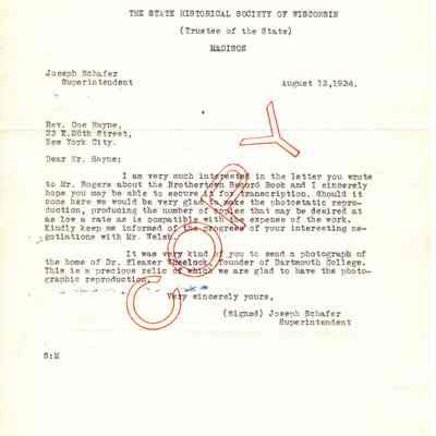 Correspondence from The State Historical Society of Wisconsin