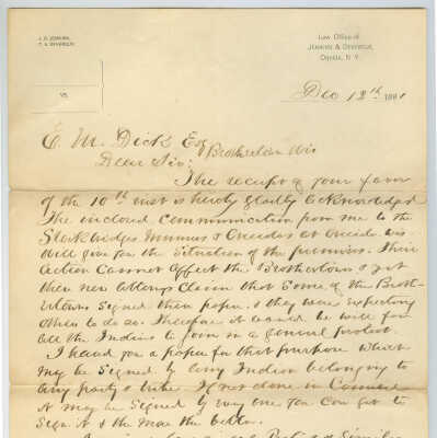 Correspondence to E. M. Dick from John Jenkins -- Dec 1891
