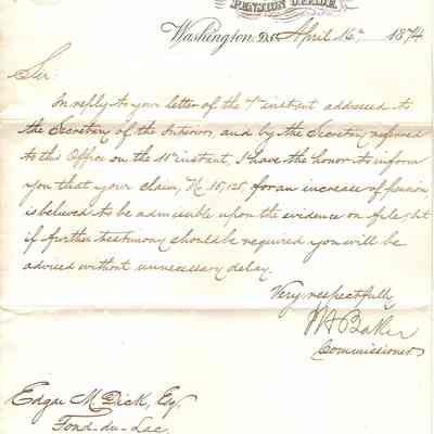 Correspondence for Edgar M. Dick from Pension Office -- April 1874
