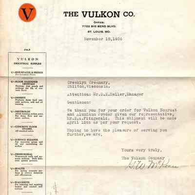 Letter from the Vulkon Co., History of the Streets of Kaukauna