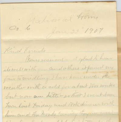 Correspondence to Mrs. Agnes Fowler from Oscar -- Jan 1907