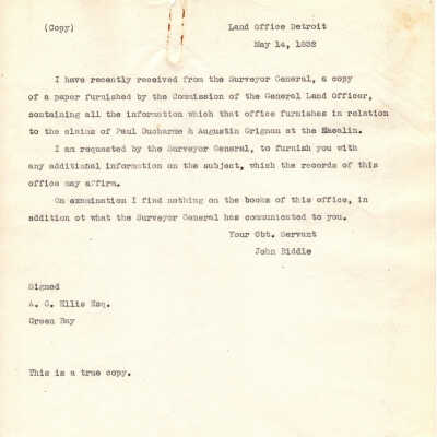 Correspondence from Land Office Detroit -- May 1832