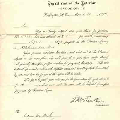 Correspondence for Edgar M. Dick from Dept of the Interior -- April 1874