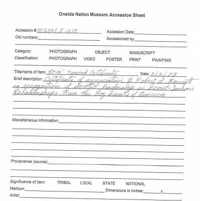 A2001005.010 accession sheet